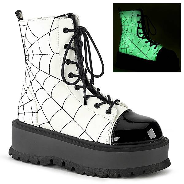 Demonia Women's Slacker-88 Platform Boots - White Glow Vegan Leather/Black Patent D7054-61US Clearance